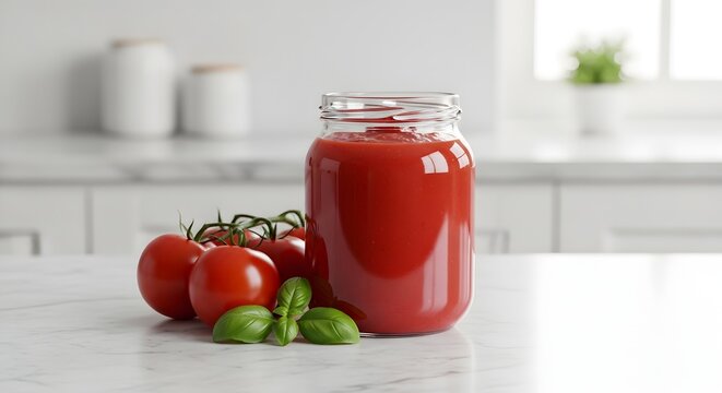 botol kaca selai saus tomat merah segar murni daun basil meja marmer putih dapur bahan masakan kuliner resep tradisional sehat organik diet vegetarian