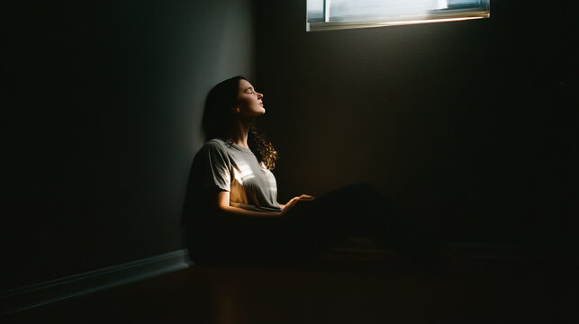 Depression silhouette woman sitting floor dark room lonely mood, female figure in shadow under window light in empty interior