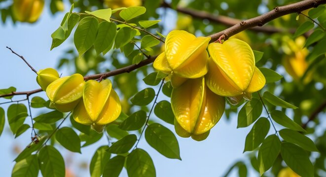 sekumpulan buah belimbing kuning matang menggantung di dahan pohon rimbun daun hijau kebun pertanian organik agrikultur tropis panen alam segar