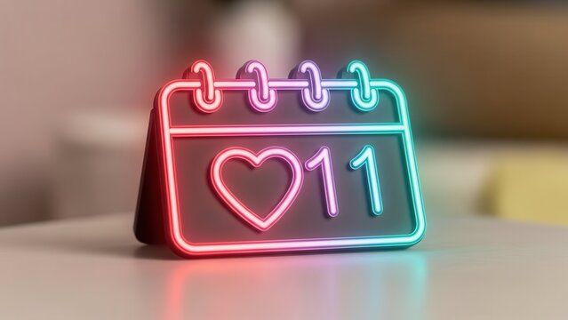 Vibrant neon calendar icon displaying a heart and number eleven, perfect for special date reminders