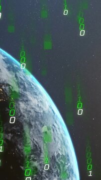 Vertical video: Sun rising sparking binary rain, planet tilting showing night lights to show data