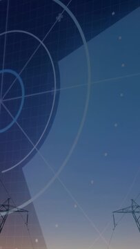 Vertical video: Radar rings fixed, triangular sweep revealing horizon showing towers and sunrise