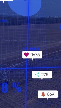 Vertical video: On timeline scrub blue analytics overlay panning over field, showing crop metrics