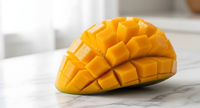 potongan dadu buah mangga kuning matang segar gaya landak meja marmer putih dapur nutrisi sehat tropis organik vitamin pencuci mulut bahan masakan