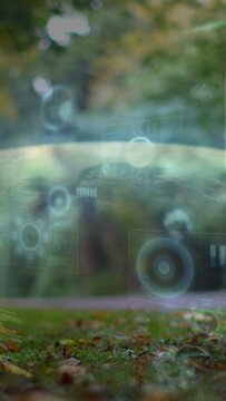 Vertical video: AR HUD appearing on camera focus, pulsing rings floating, revealing park view