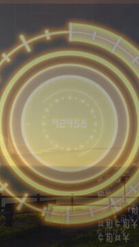 Vertical video: HUD appearing over horizon, pulsing rings and arc, updating digits, scanning field