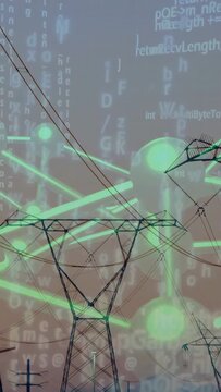 Vertical video: Dusk cue animating neon network aligning with power towers showing grid data