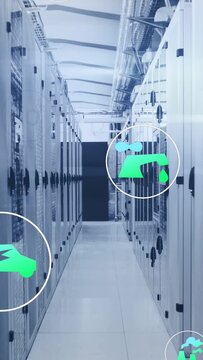 Vertical video: Sensor data sending icons over data center racks shifting up, showing CO2 and power