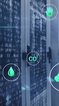 Camera panning racks, showing binary stream with floating CO2 and water icons tracking carbon