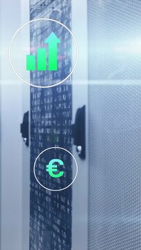 Server rack receiving ping in data center, HUD bar-chart icons emerging, stacking, showing metrics