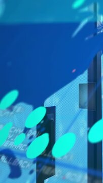 Blue panel centering, teal petals drifting, figure sliding in causing glyphs overlay for tech demo