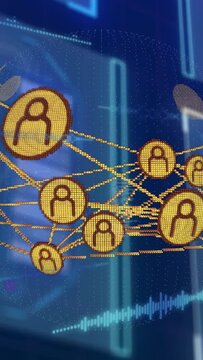 Rotating gold user network moving forward and connecting as camera panning showing tech dashboard