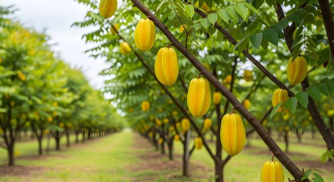 kebun pertanian buah belimbing kuning matang berjejer rapi di dahan pohon rimbun panen organik agrikultur alam tropis pedesaan pemandangan indah