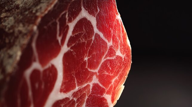 Capicola Cross-Section with Fat-Lean Texture Like Sedimentary Rock, Studio Light Closeup, Abstract Food-Geology Fusion