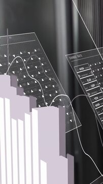 Slow pan revealing stacked bars rising, line tracing and finance table sliding, highlighting trends