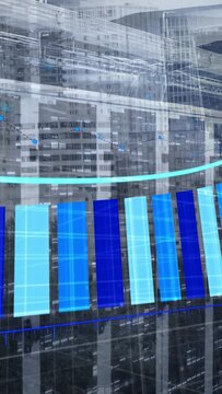 Vertical video: Axis appearing chart forming bars and drawing curve showing growth over skyline