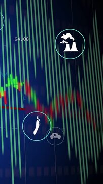Vertical video: Analytics chart animating on ping, icons moving and settling to show sector trends