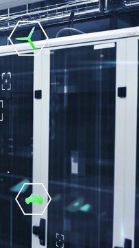 Vertical video: Tech racks showing moving hex icons overlaying glass doors after scan, blue streaks