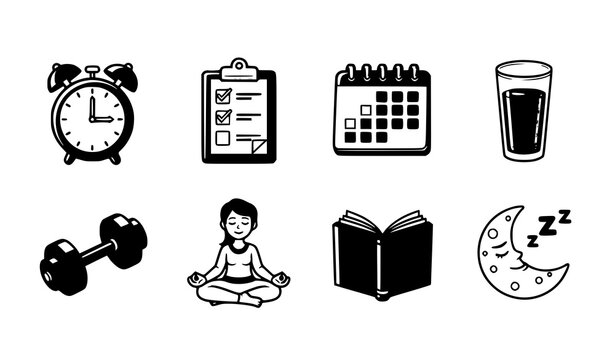 A set of black and white icons representing daily routines and wellness activities