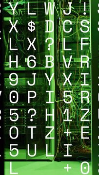 Vertical video: Scrolling overlay starting, revealing racks and cables with blinking LEDs for flow