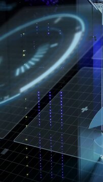 Vertical video: HUD starting, dial spinning, blue lights falling, panels sliding, showing tech data
