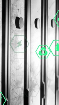 Vertical video: Green hex icons fading in and sliding over metal panel, visualizing eco stats
