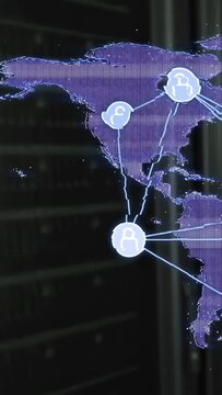 Network map panel pulsing from incoming data, extending lines to form offshore node in server rack