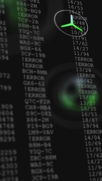 Black frame shifting into code on tech screen, blue bar marking !ERROR, HUD orb pulsing rotating