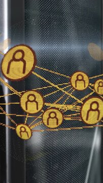 Vertical video: View shift sending gold nodes across curved panel, revealing lines and tech links