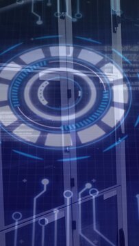 Vertical video: Circular HUD rotating and pulsing over metal glass after bright ring appearing