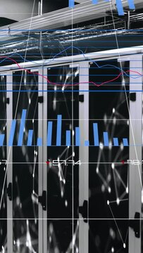 Vertical video: Analytics overlay appearing on racks animating charts updating stats showing health