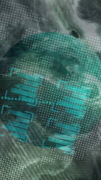 Vertical video: Teal marbled sphere appearing and rotating, HUD overlays sweeping in for scan