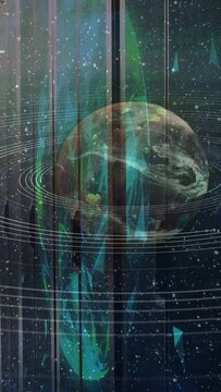 Vertical video: On loop start planet rotating aurora plumes streaming rings sliding to show display