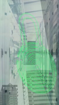 Vertical corridor showing green glow appearing then forming fingerprint overlay, for security