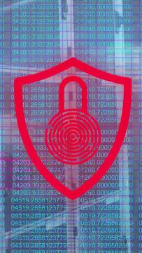 Vertical video: Shield lock pulsing and cycling color over glass with digit matrix on security scan