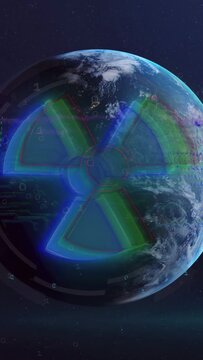 Vertical video: Orbiting Earth showing lights, trefoil pulsing over planet, signaling tech hazard