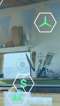 Vertical video: Cook passing bar causing hex icons floating over tools and bread for food promo