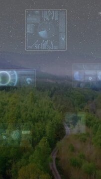 Vertical video: Forest and track centering, tech starting HUDs mapping terrain then fading