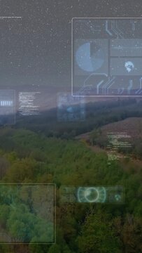 Vertical video: Aerial valley view, HUD overlays pulsing after system scan for tech monitor