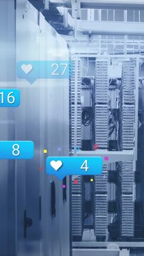 Vertical video: Server racks staying steady in data center, blue bubble entering and showing growth