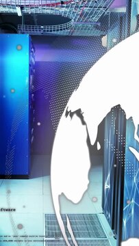 Animated globe entering from right, sweeping server room, morphing and revealing network data