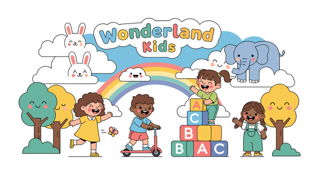 Joyful children playing with alphabet blocks, riding a scooter, and interacting with cartoon animals under a rainbow in a whimsical wonderland setting.