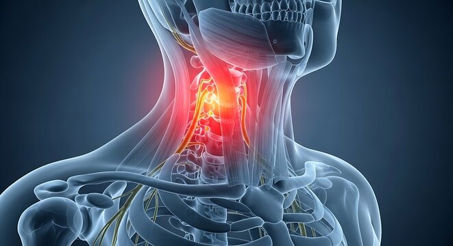 Neck Pain Anatomy - Skeletal System with Highlighted Pain Area.