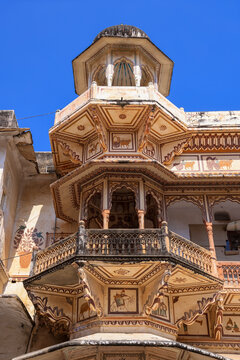Historic ornate monument in Pushkar, Rajasthan facade featuring traditional Rajput architecture and ornate details