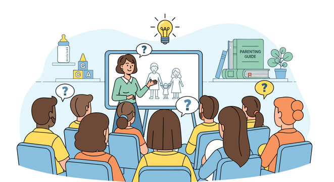 A teacher presents a family diagram to an engaged audience during a parenting class, with question marks indicating audience participation and a lightbulb symbolizing an idea.