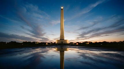 Fototapeta premium Majestic historical monument pierces the twilight sky, its illuminated silhouette dramatically reflected in the tranquil water, creating a stunning symmetrical scene