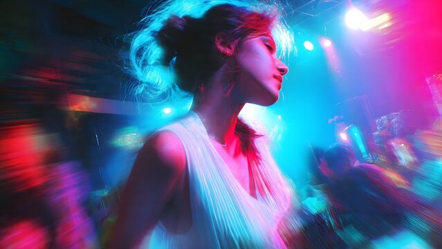 Young woman dancing on nightclub stage with disco lights and party glamour atmosphere