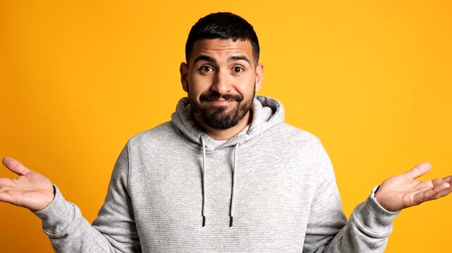 Confused Young Man Shrugging Shoulders with Uncertainty against Yellow Background.