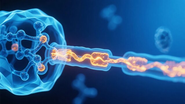 青い半透明の物体から伸びて繋がるオレンジ色に発光する内部を持つ管、医療イメージ素材