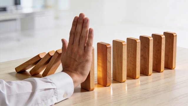 Hand stopping wooden dominoes from falling business risk management crisis prevention protection stopping chain reaction corporate strategy insurance stability control success